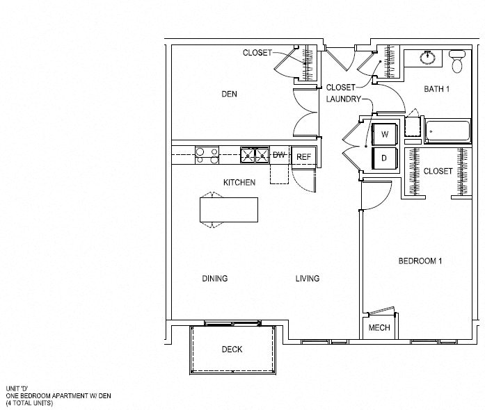 Floor plan for 1 bed, 1 bath, 989 sqft